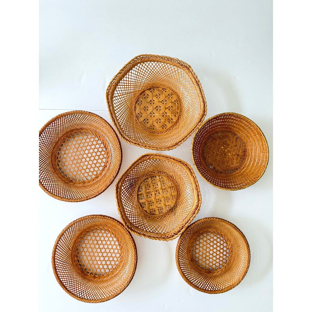 Set of 6 Vintage Woven Wicker Bamboo Baskets for Decor, Wall, Serving